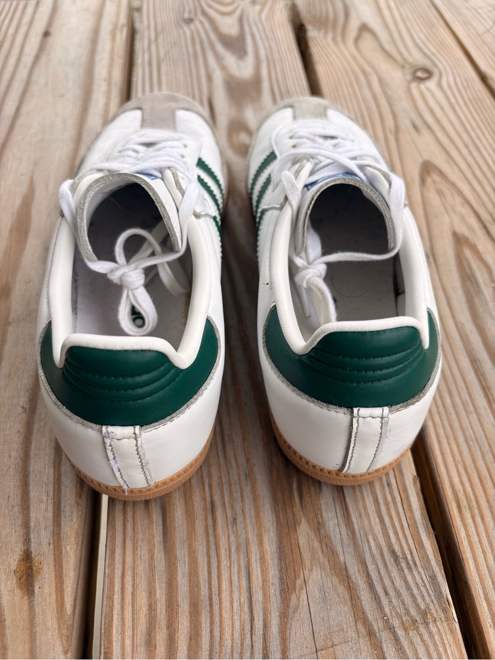 White Leather Adidas Sambas with Green Stripes - Picture 5 of 7